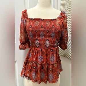 Maurices Terracotta Patterned Smocked Blouse